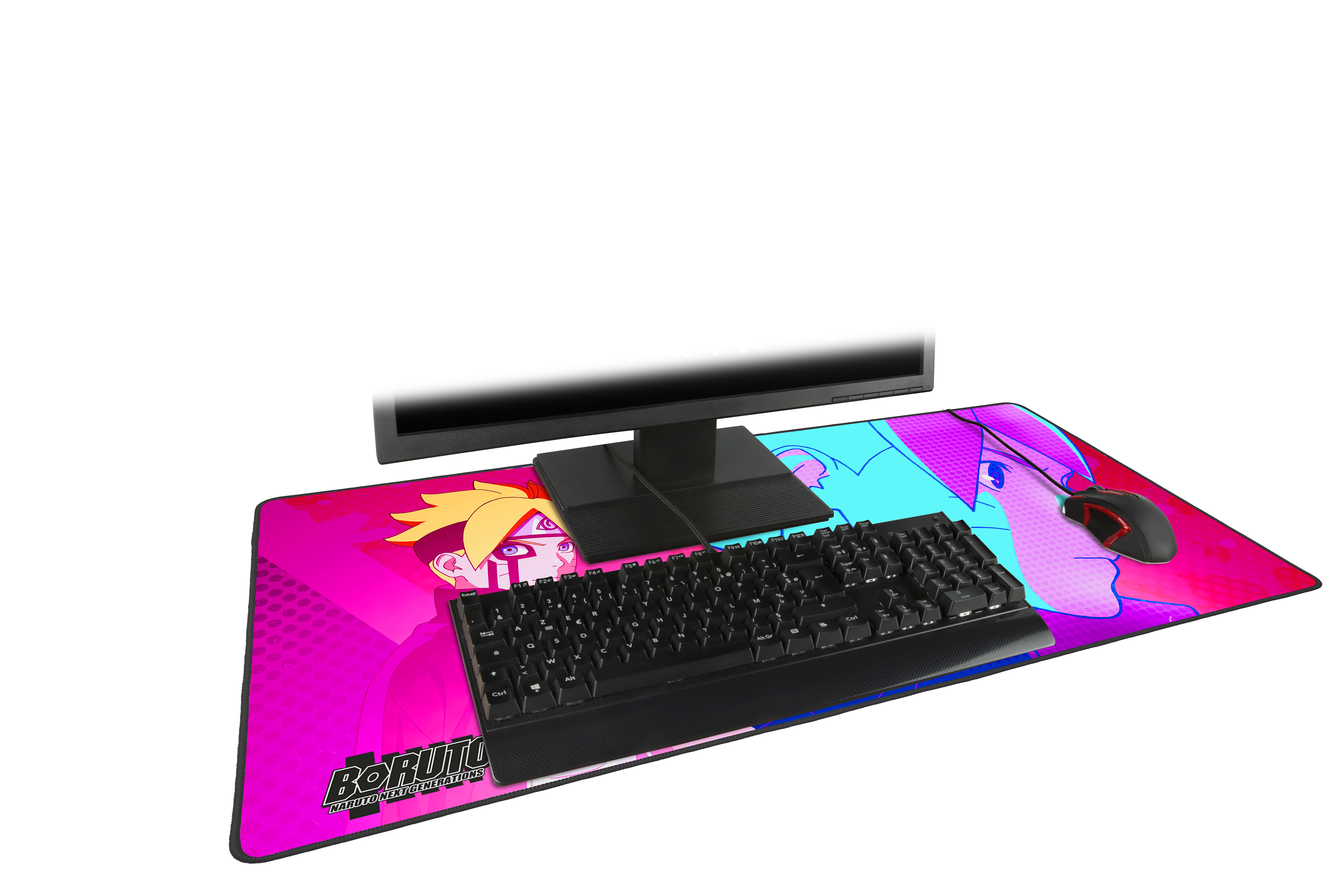 Ustawienia biurka z monitorem, klawiaturą, myszą i dużą podkładką pod mysz z postaciami z anime.