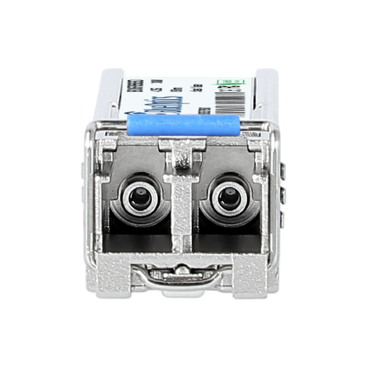 Srebrny moduł nadajnika-odbiornika SFP z dwoma portami.