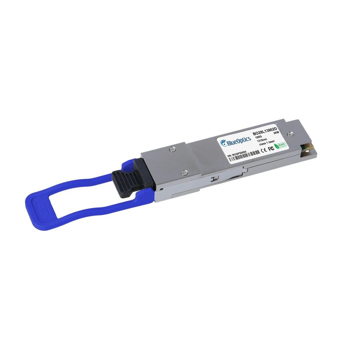 Srebrny transceiver SFP z niebieskim uchwytem. Posiada logo BlueOptics i etykietę z informacjami o produkcie.