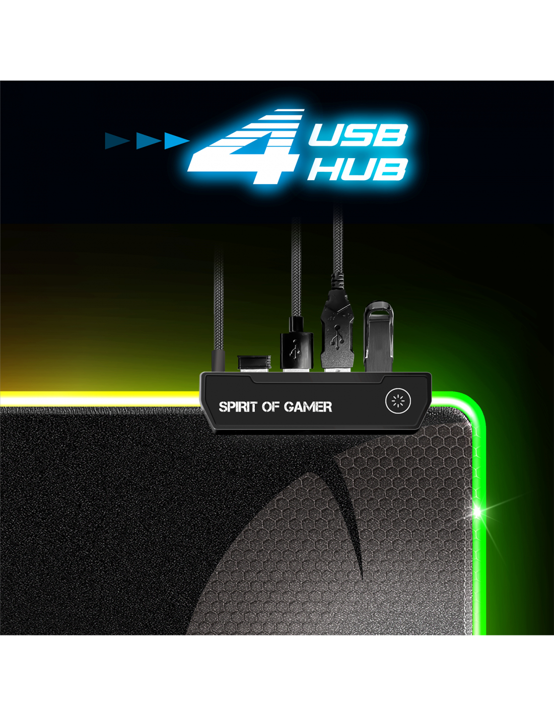 Hub USB z 4 portami. Czarny z logo Spirit of Gamer. Podłączonych kilka kabli USB.