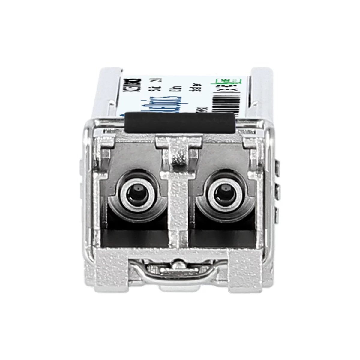 Zbliżenie metalowego transiwera SFP z dwoma portami i etykietą.