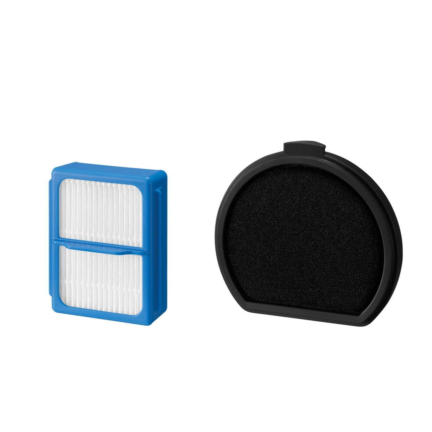 Deux filtres d'aspirateur. Un bleu et un noir. Fond blanc.