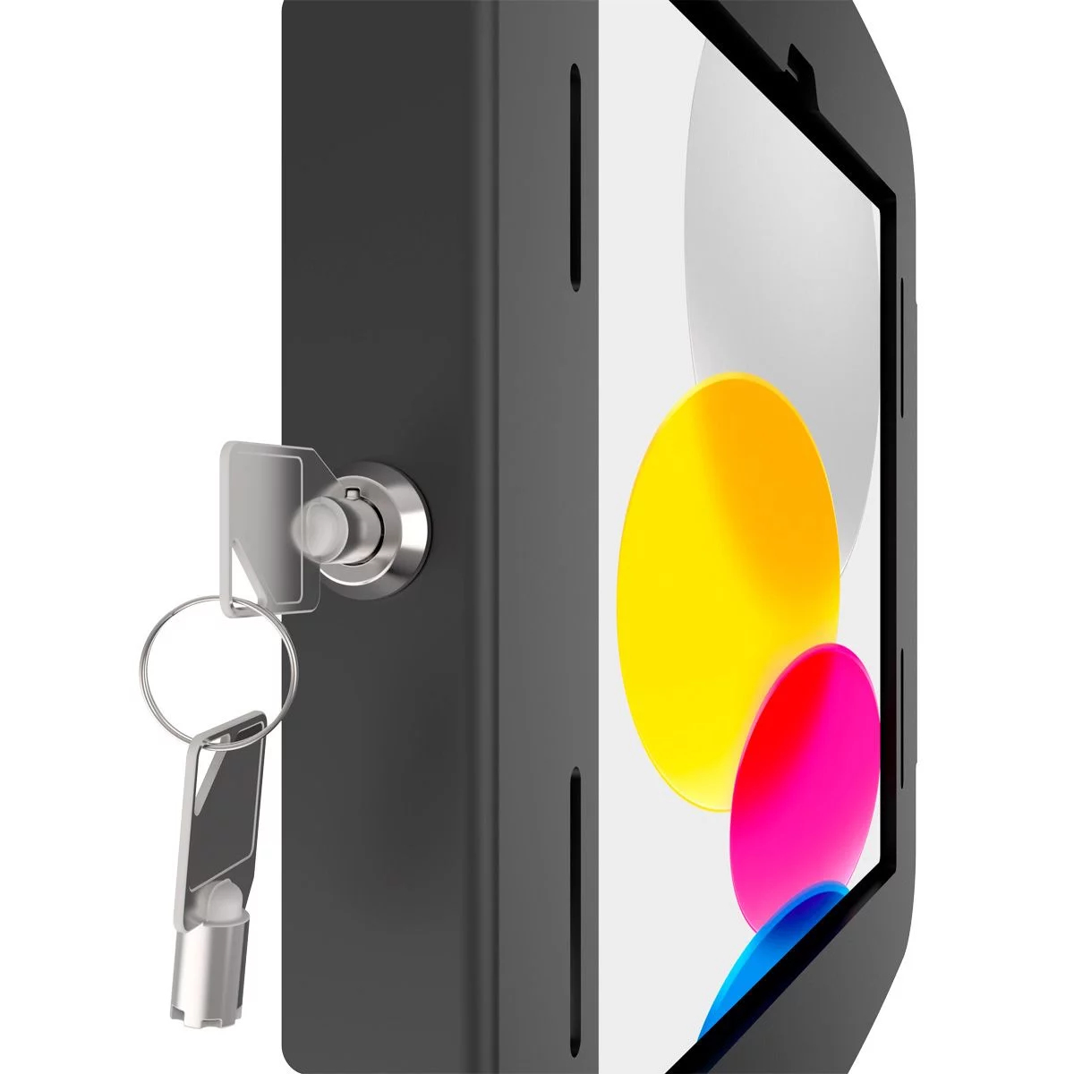 Czarny stojak na tablet z zamkiem na klucz. Ekran tabletu wyświetla kolorowe kształty.