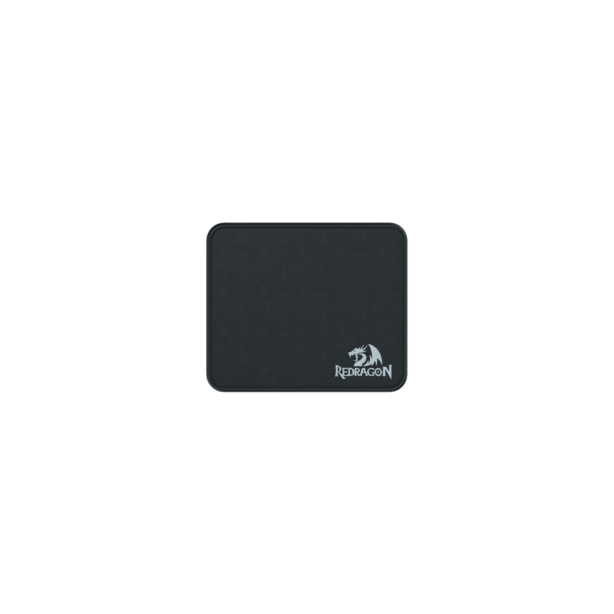 Ortasında bir logo bulunan siyah bir mouse pad. Kare şeklinde ve beyaz bir yüzeyde duruyor.