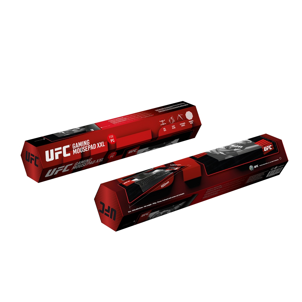 Dwa pudełka UFC Gaming Mousepad XXL w kolorze czerwono-czarnym, ze szczegółami.