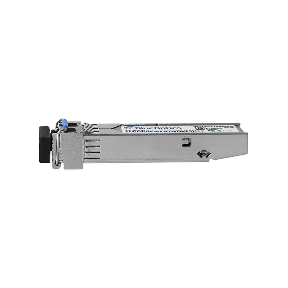 Srebrny transceiver SFP z czarnym złączem po lewej stronie.