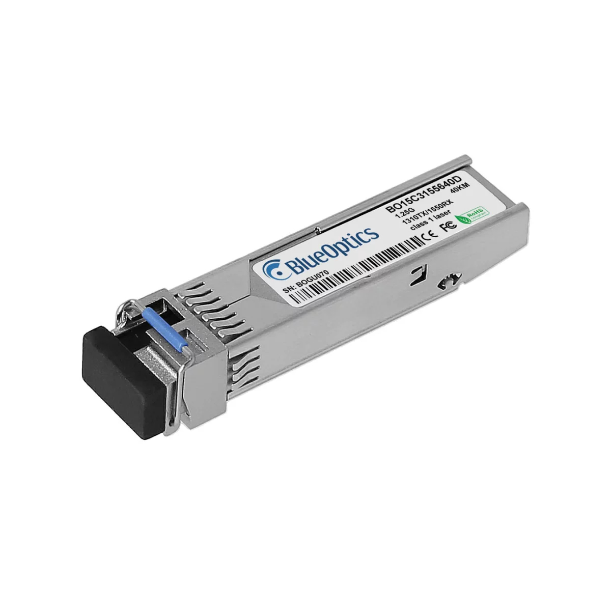Srebrny transceiver światłowodowy, oznaczony 'BlueOptics', z czarnym złączem.