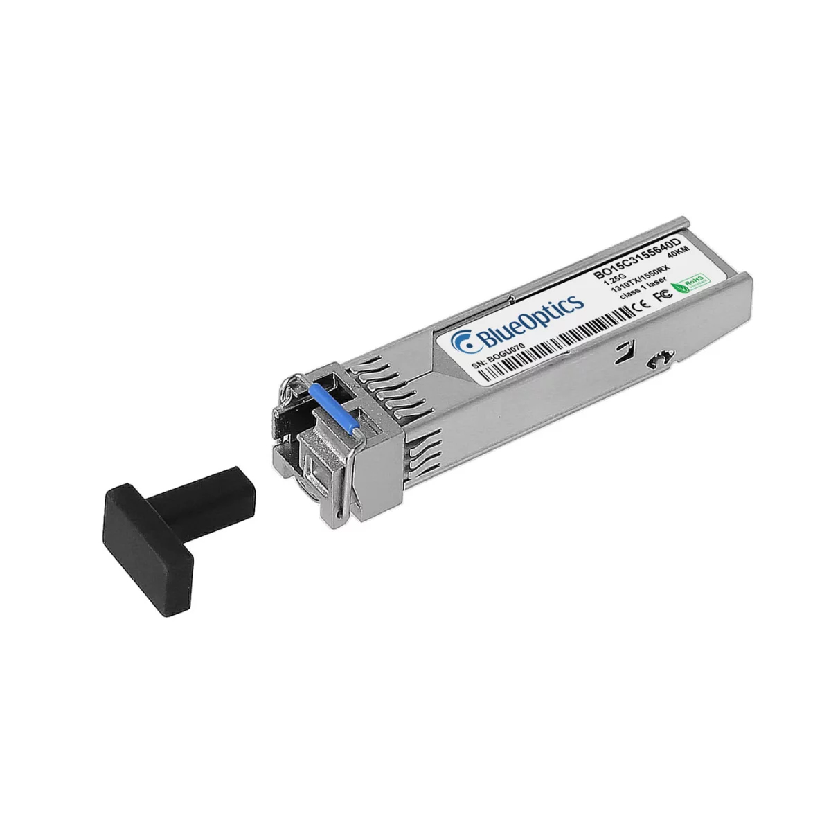 Srebrny transceiver SFP z odłączonym czarnym złączem po lewej stronie.