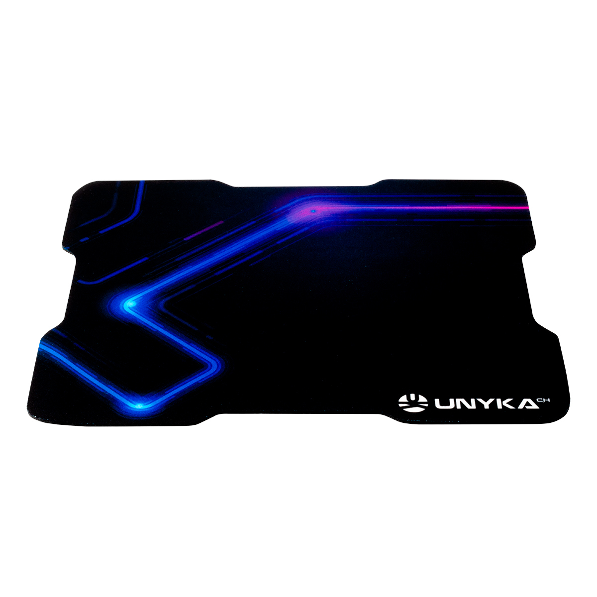 Ein schwarzes Mauspad mit blau-violetten Neonlinien, das UNYKA-Logo unten rechts.