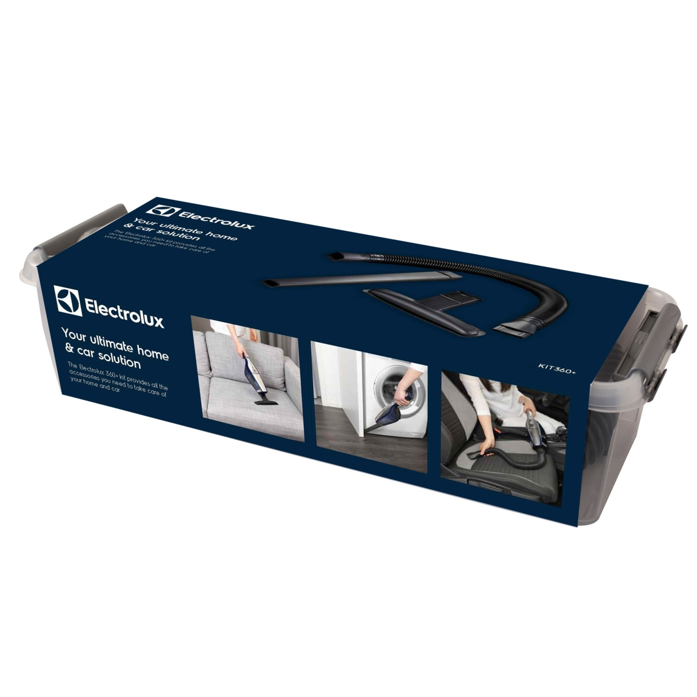 Kit d'aspirateur dans une boîte. Images sur la boîte montrent l'utilisation à la maison et en voiture.