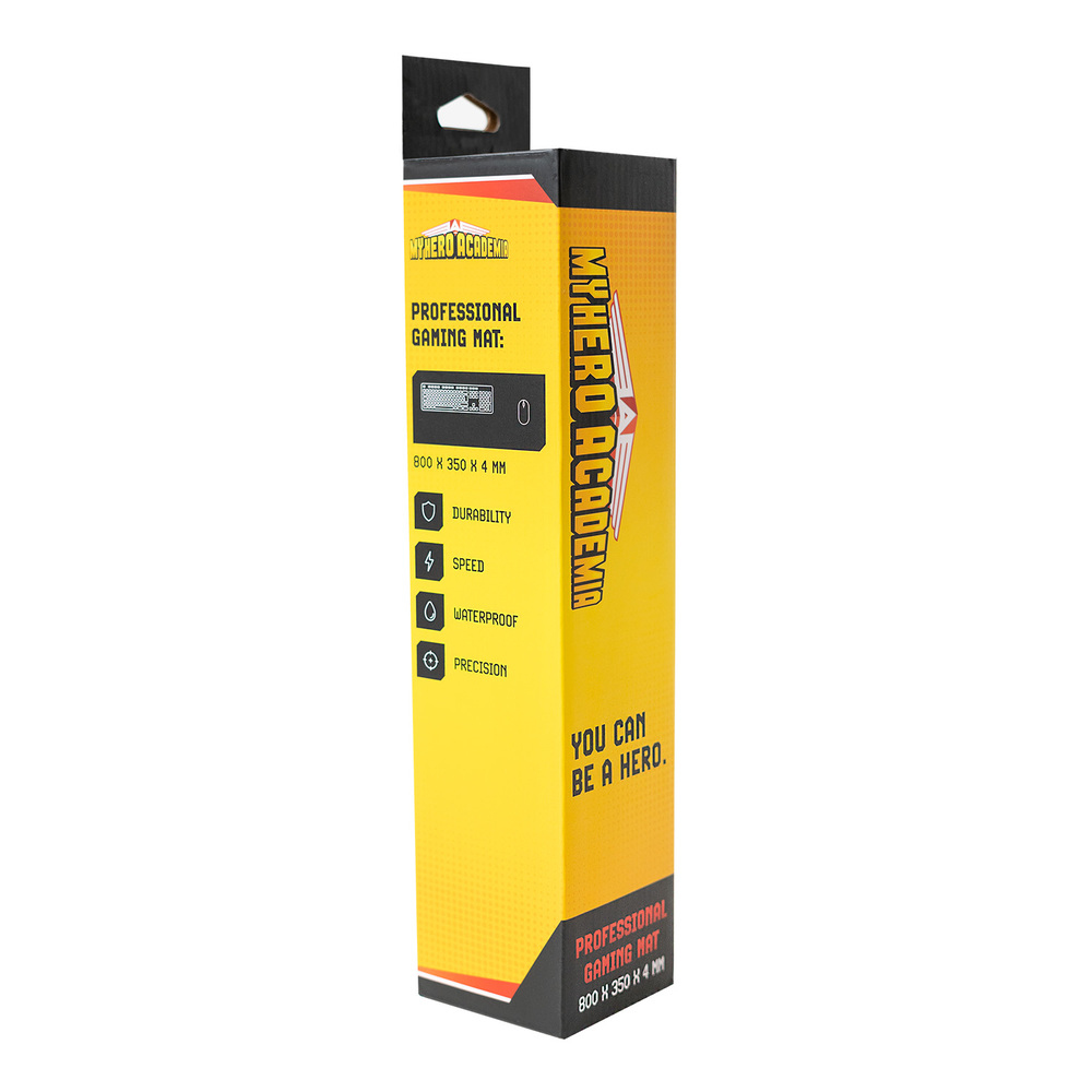 Pudełko maty do gier My Hero Academia. Żółto-czarne pudełko z tekstem i ilustracjami.