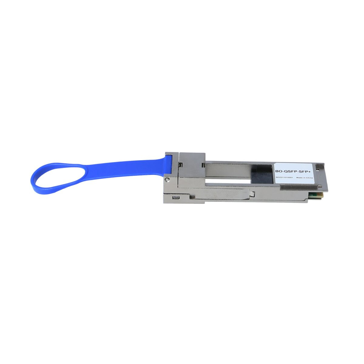 Transceiver SFP+ z niebieskim uchwytem. Jest srebrny i zawiera informacje o produkcie.