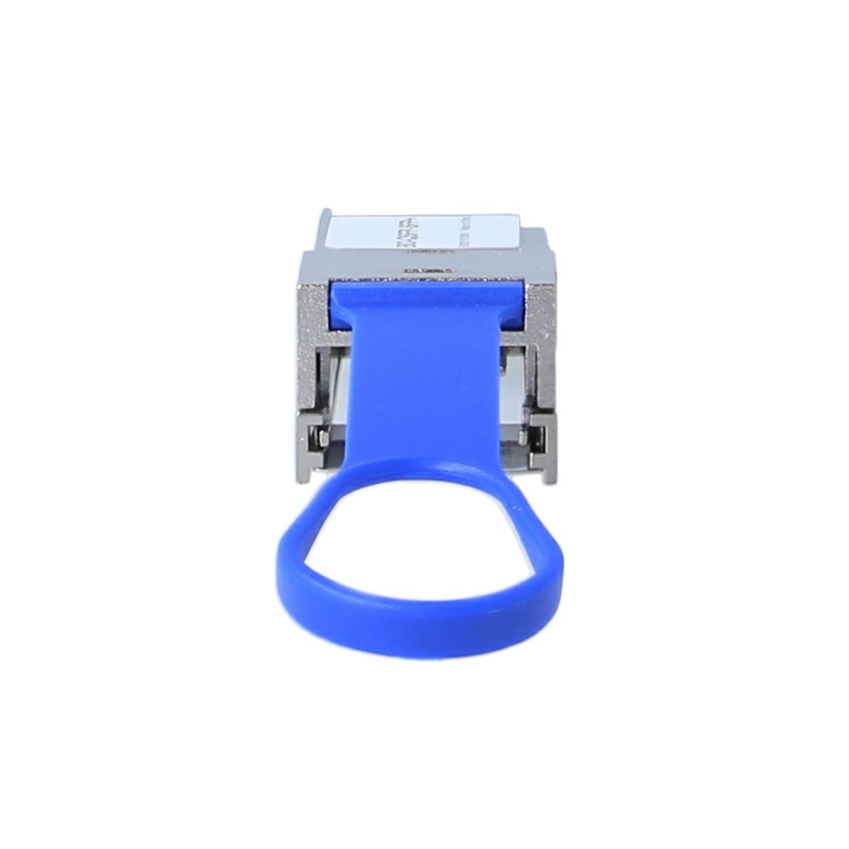 Srebrny moduł sieciowy z niebieskim uchwytem.