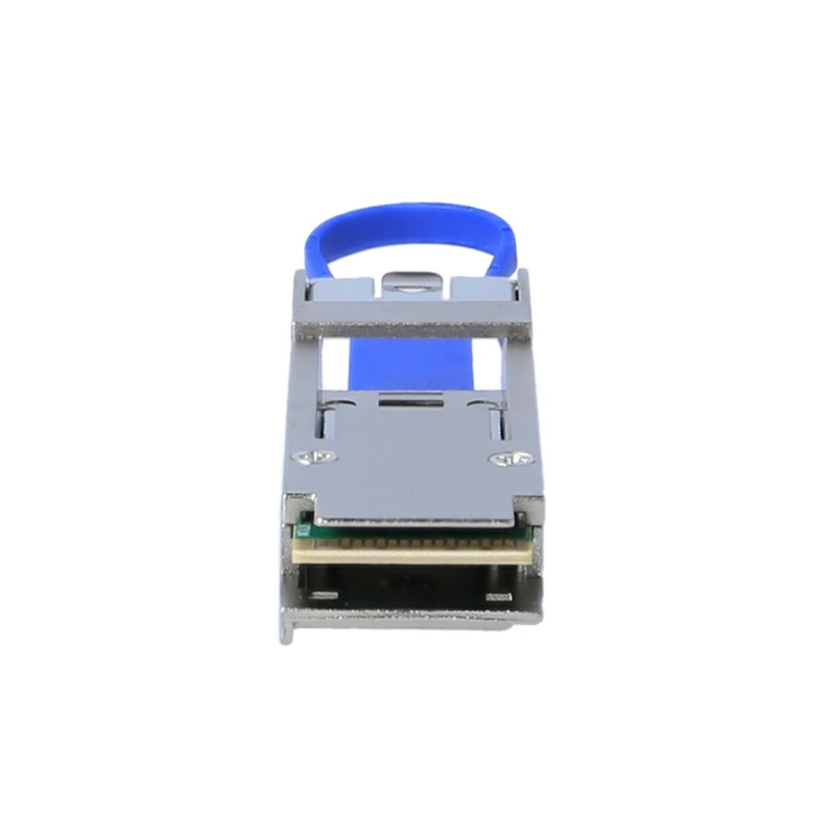 Urządzenie sieciowe z niebieskim uchwytem i srebrną obudową na białym tle.