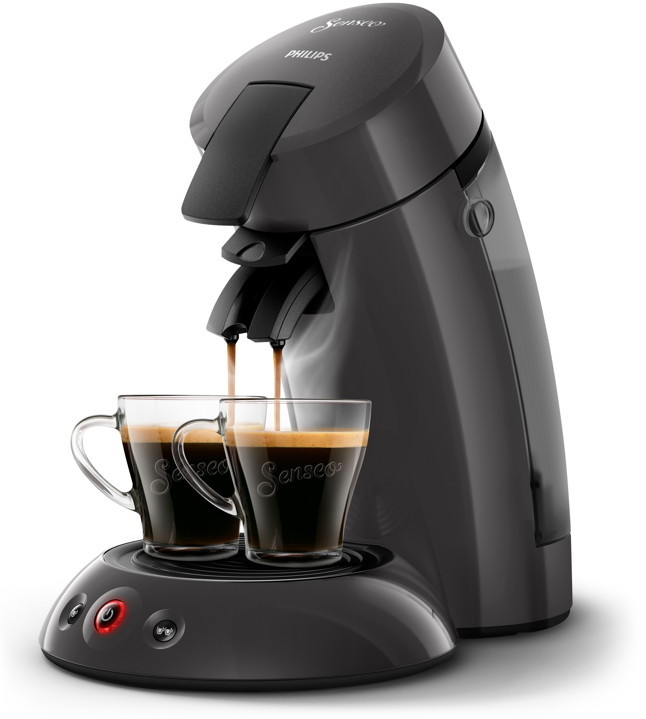 Eine schwarze Philips Senseo Kaffeemaschine steht auf Weiß. Zwei Gläser werden mit Kaffee gefüllt.