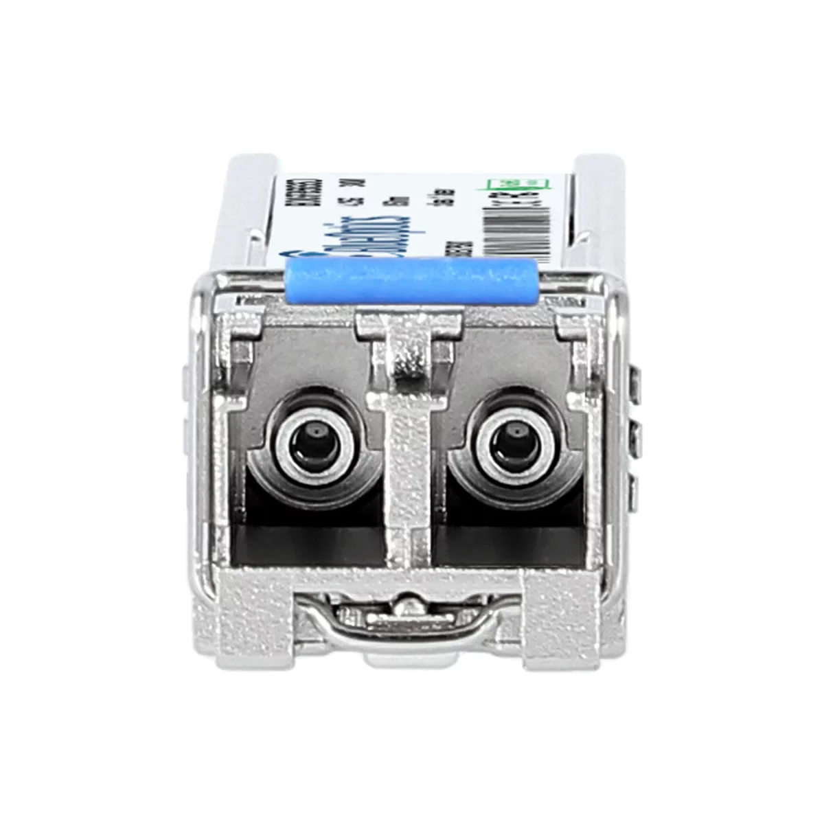 Zbliżenie srebrnego transiwera optycznego z dwoma otworami portowymi i niebieskimi akcentami, na białym tle.