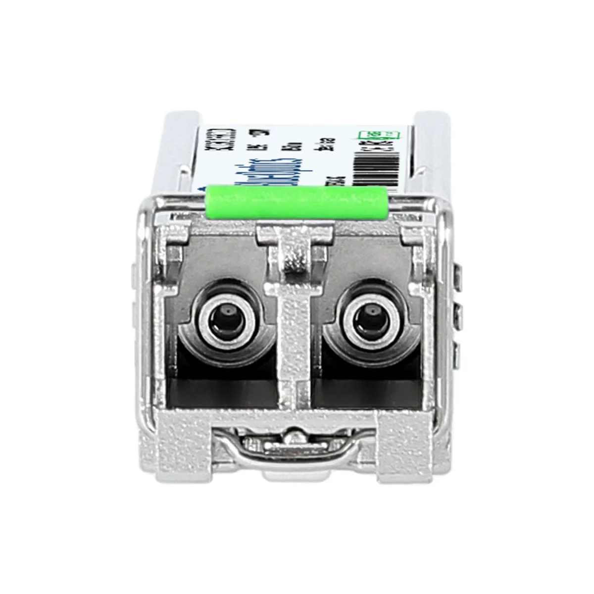 Srebrny transceiver sieciowy z etykietą i zielonym akcentem. Białe tło.