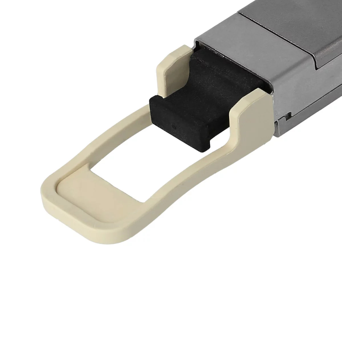 Sprzęt sieciowy BlueOptics. Srebrne urządzenie, czarny uchwyt, biała rączka. Białe tło.