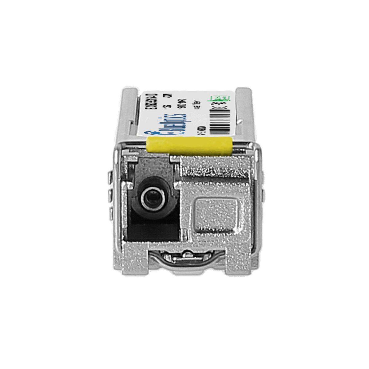 Zbliżenie srebrnego modułu SFP. Żółta zakładka. Białe tło.