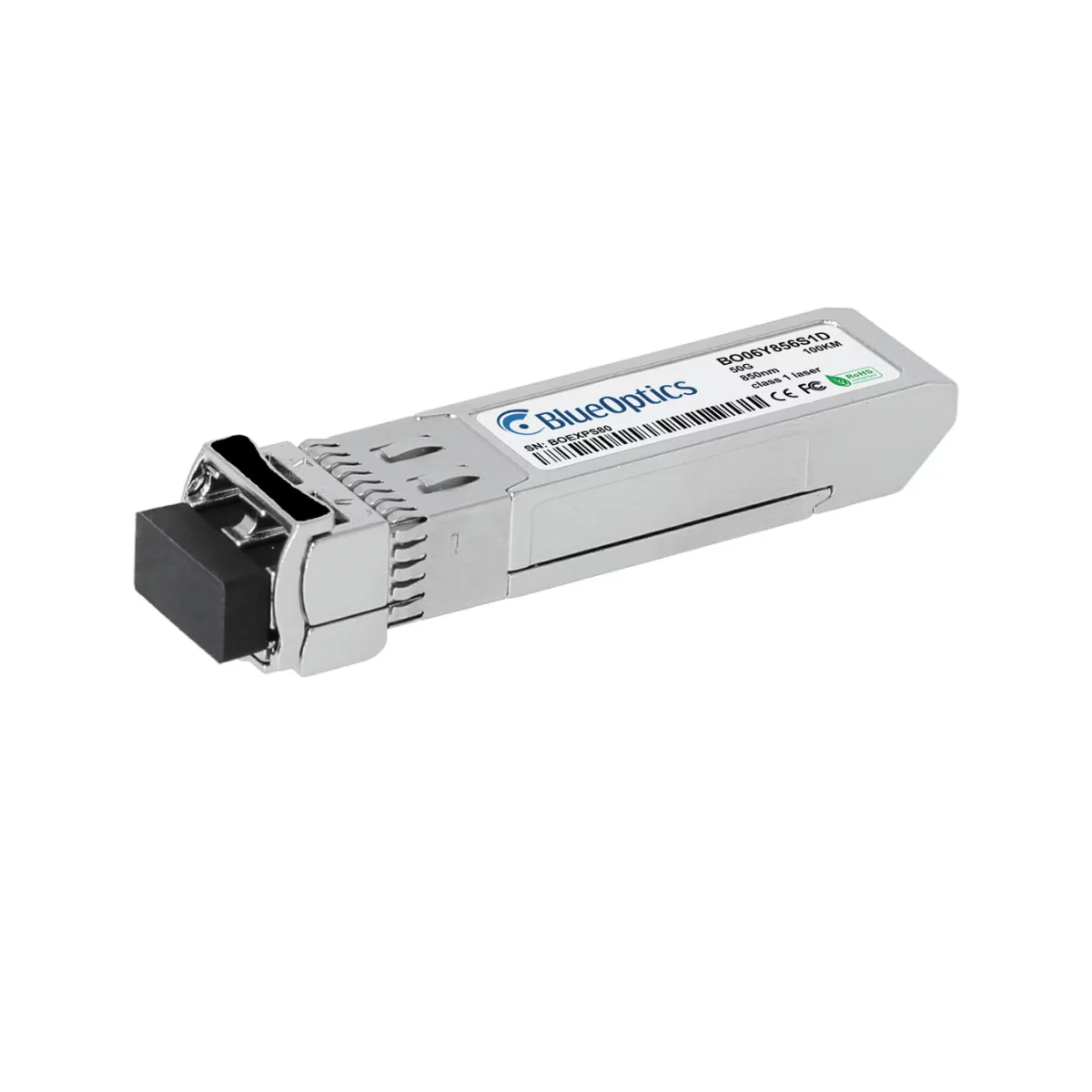Srebrny transceiver z czarnym końcem, etykieta BlueOptics. Białe tło.