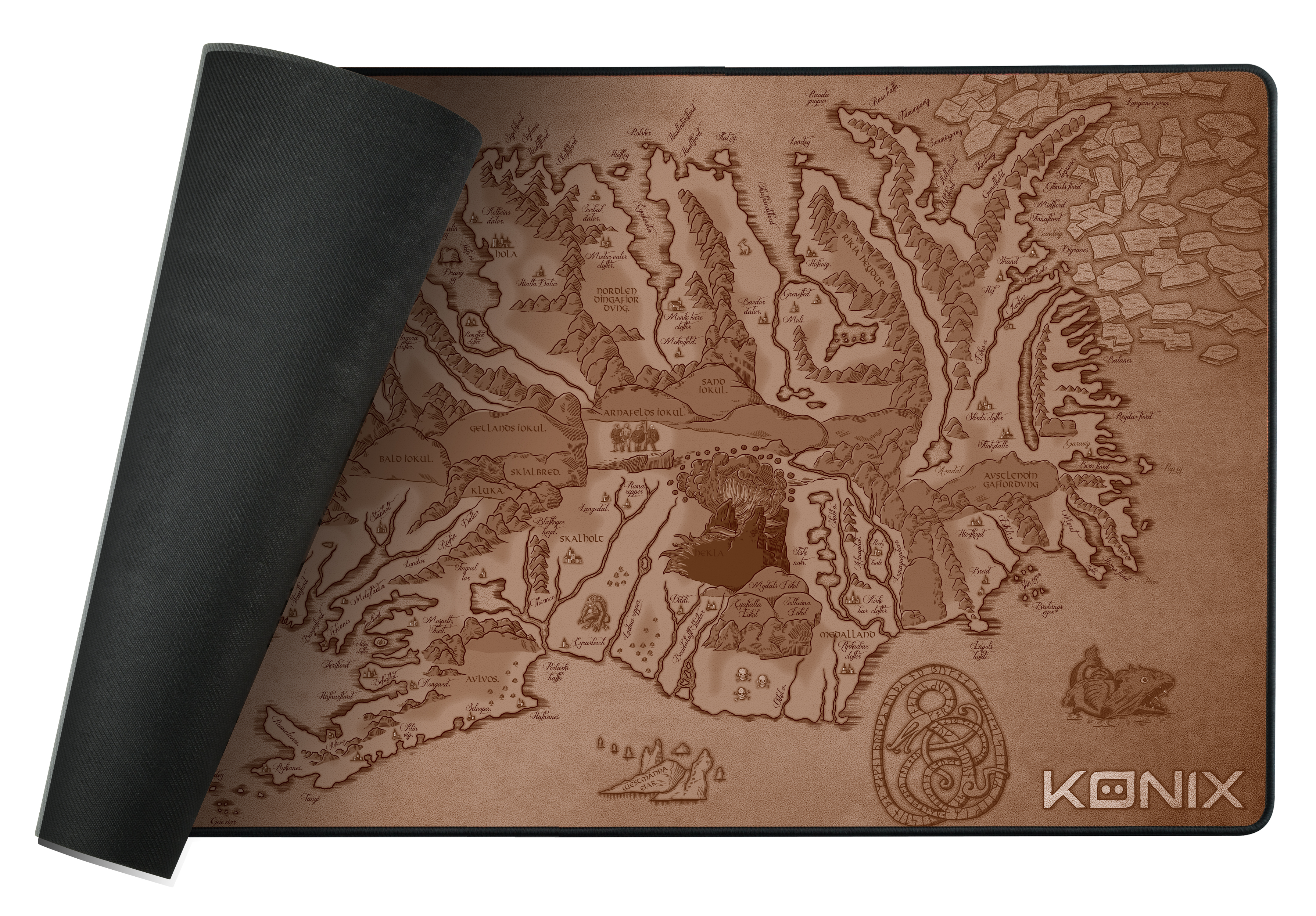 Mauspad mit Kartendesign, Vorderseite. Braune Oberfläche, schwarzer Rand.