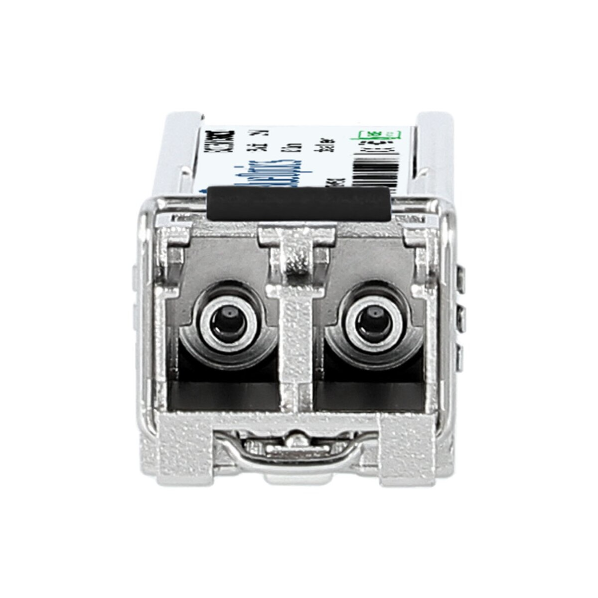 Srebrny moduł SFP z dwoma portami. Białe tło.