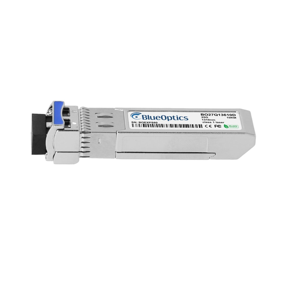 Silbernes Netzwerkmodul mit BlueOptics-Etikett. Blauer Akzent. Details und Barcode auf dem Etikett.
