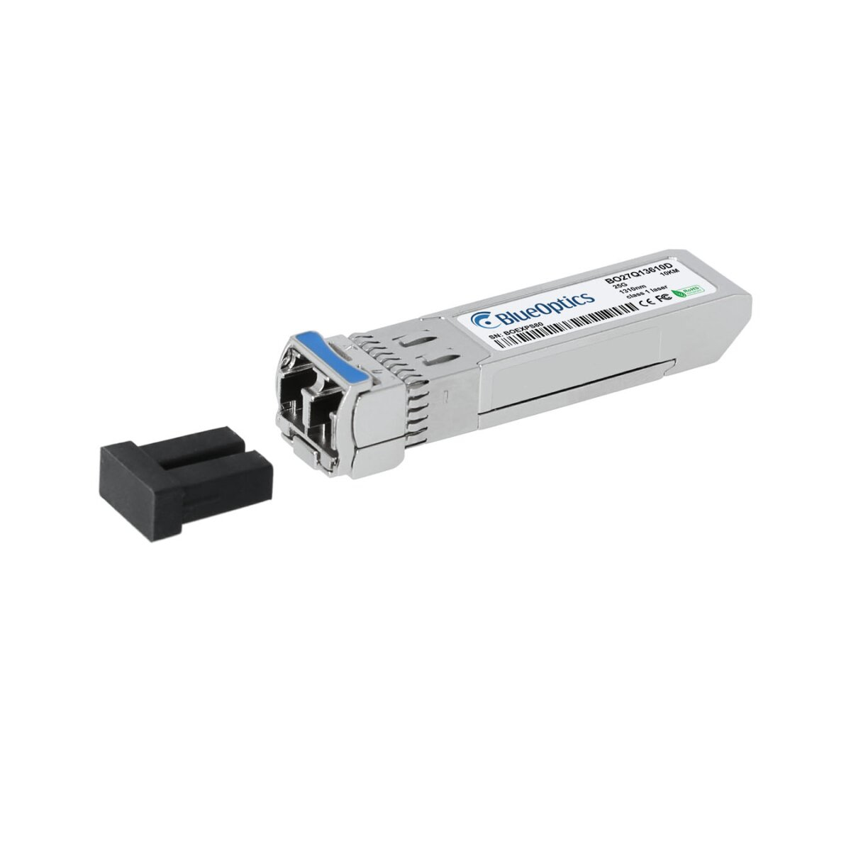 Silbernes Netzwerkmodul mit BlueOptics-Etikett. Details und Barcode auf dem Etikett. Schwarze Steckerabdeckung.