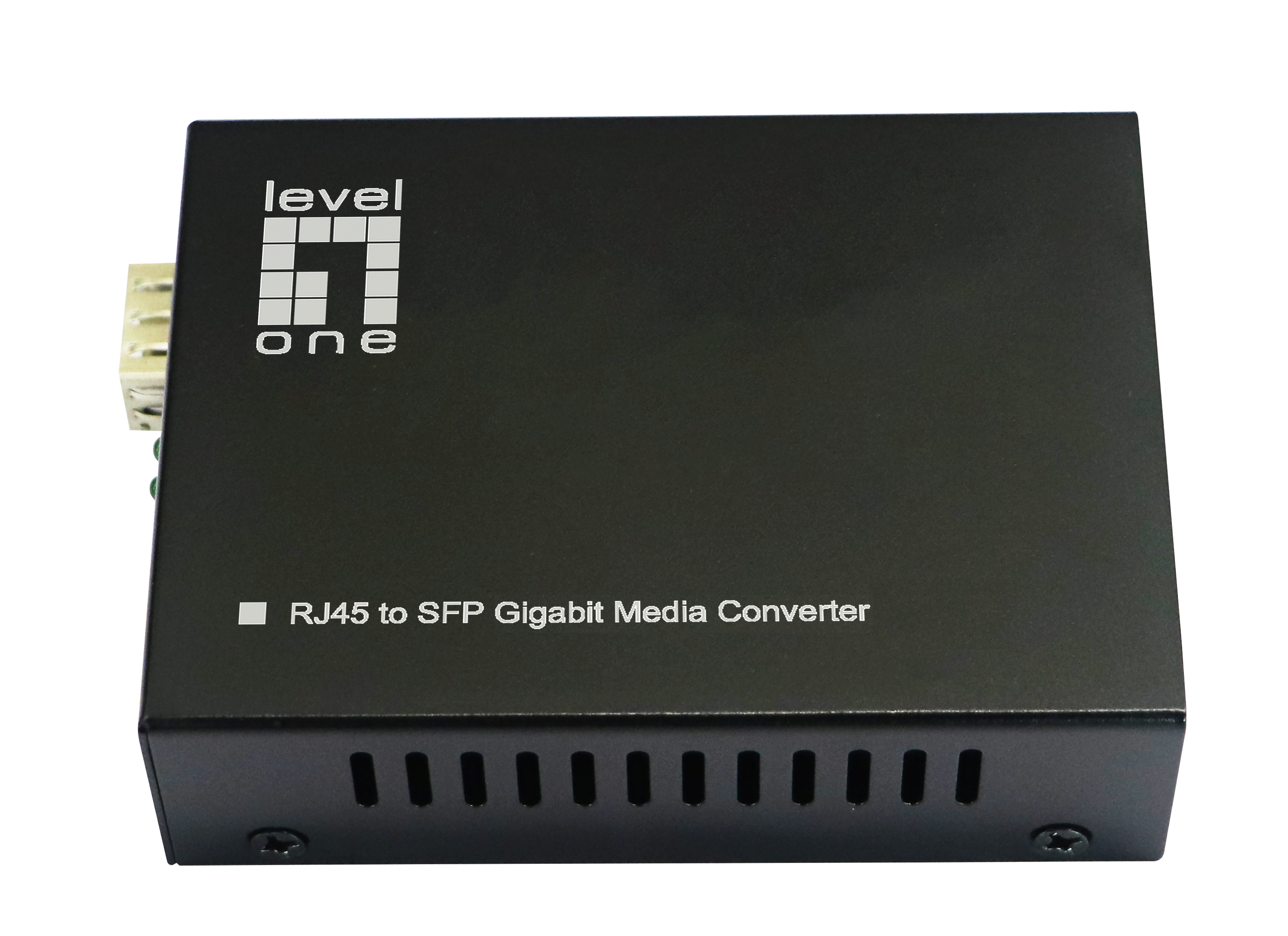 Ein schwarzer Level One RJ45-zu-SFP-Gigabit-Medienkonverter, Draufsicht, weißer Hintergrund.