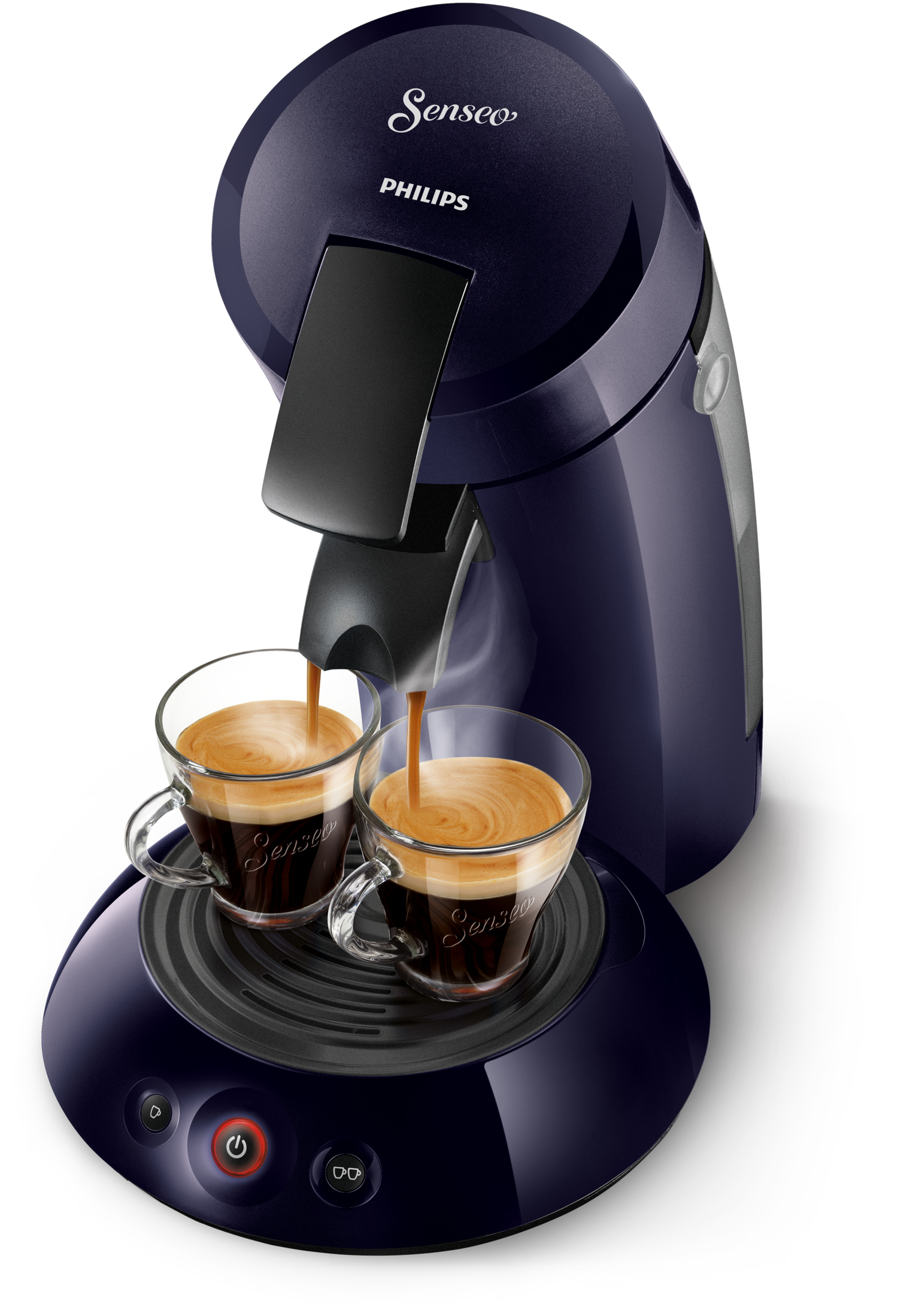 Niebieski ekspres do kawy Senseo z kawą nalewaną do dwóch szklanek.
