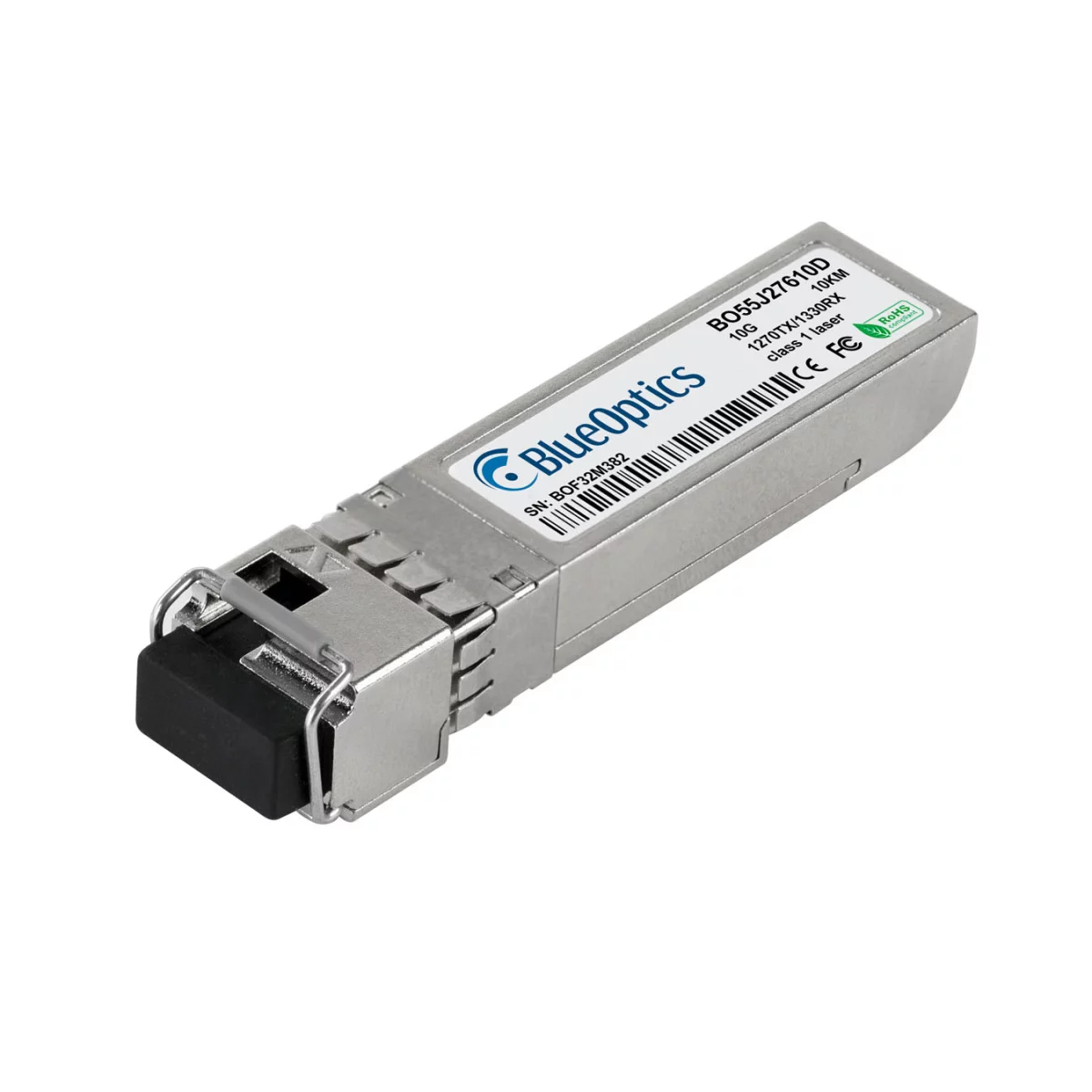 Srebrny transceiver SFP z etykietą BlueOptics, odizolowany na białym tle.
