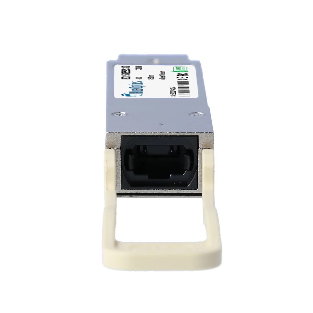 Zbliżenie modułu SFP, pokazujące złącze i korpus.