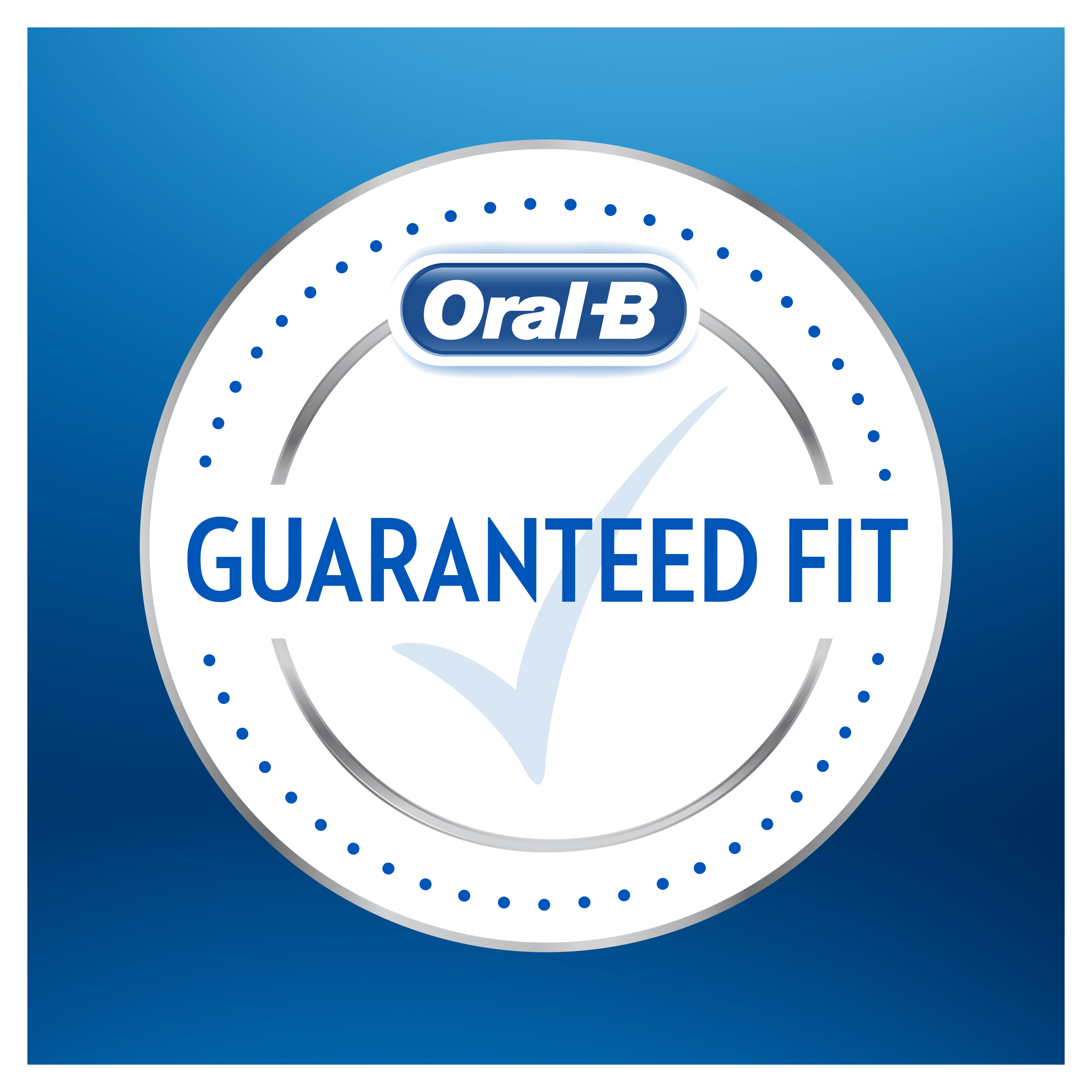 Logo Oral-B Guaranteed Fit na niebieskim tle z białym okręgiem i znakiem wyboru.