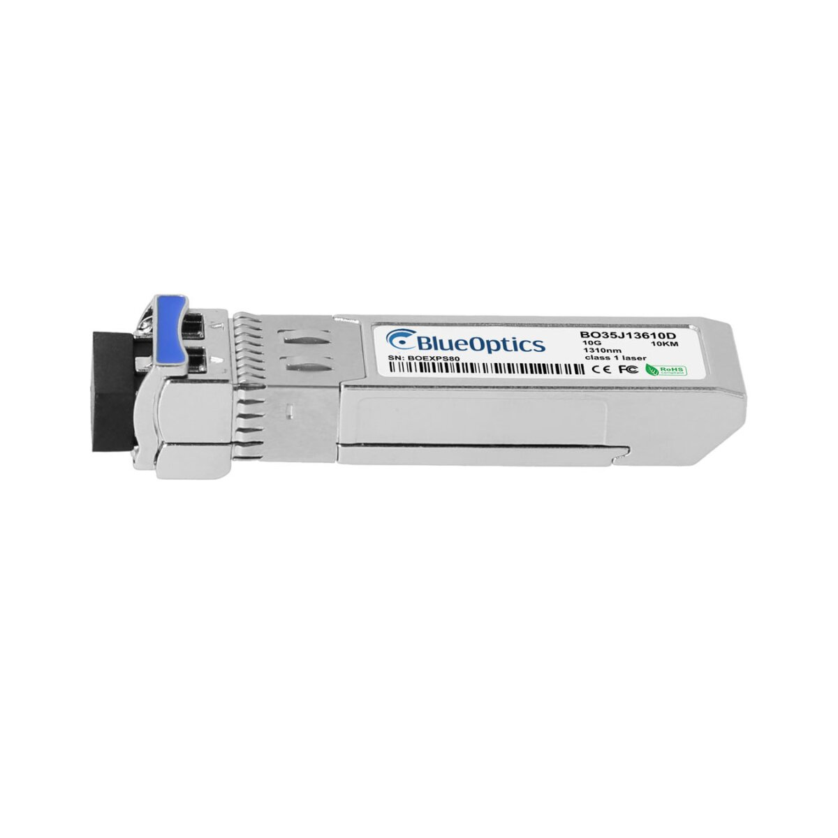 Silberner und schwarzer SFP-Transceiver mit BlueOptics-Logo. Mit Etiketten und blauem Zuglasche.