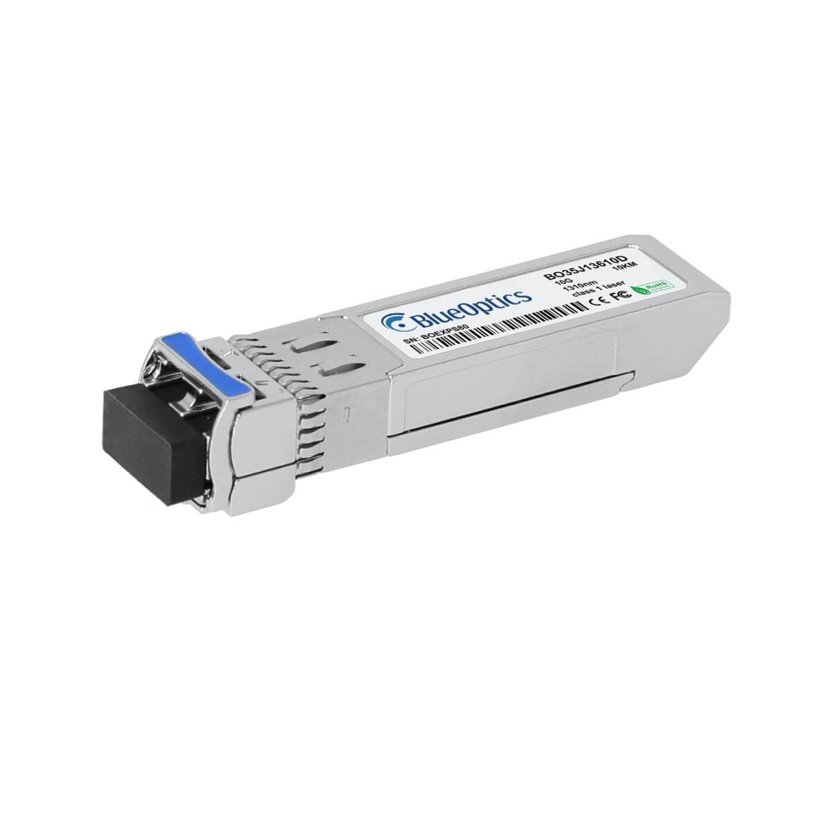 Silber-schwarzer SFP-Transceiver mit BlueOptics-Etikett. Seitenansicht.