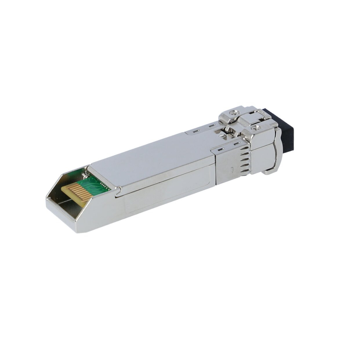 Silber-schwarzer SFP-Transceiver. Seitenansicht. Das Gerät hat ein grünes Innenleben.