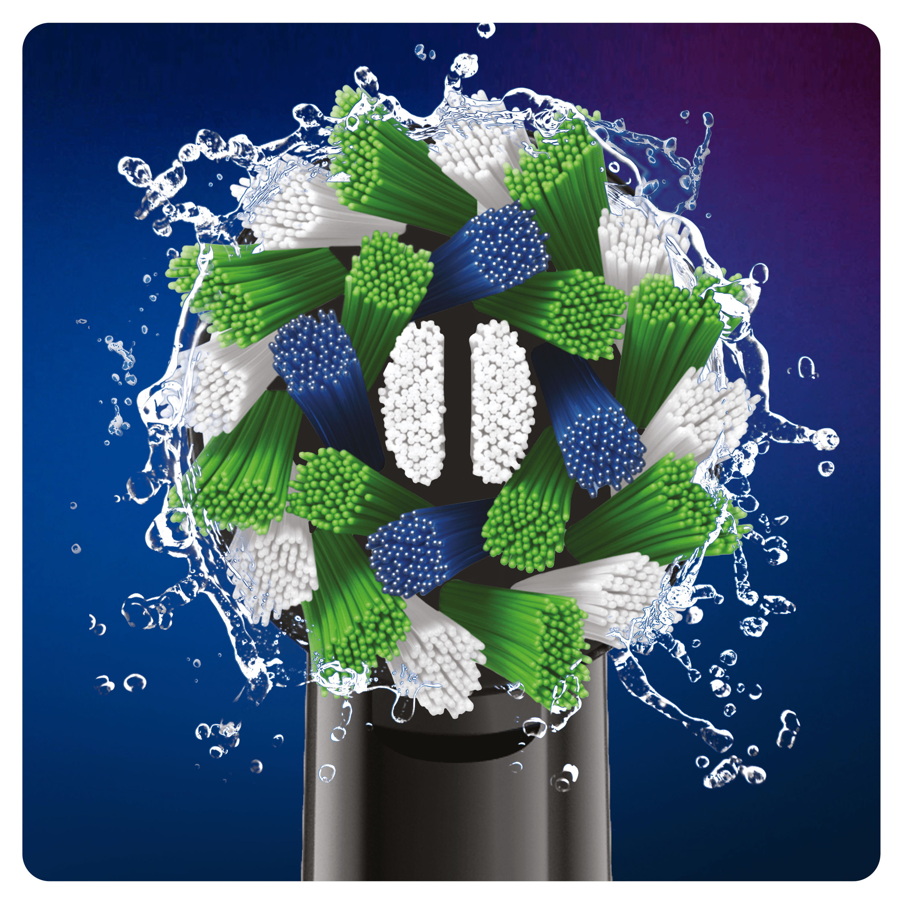 Zbliżenie główki szczoteczki Oral-B z zielonym, białym i niebieskim włosiem.