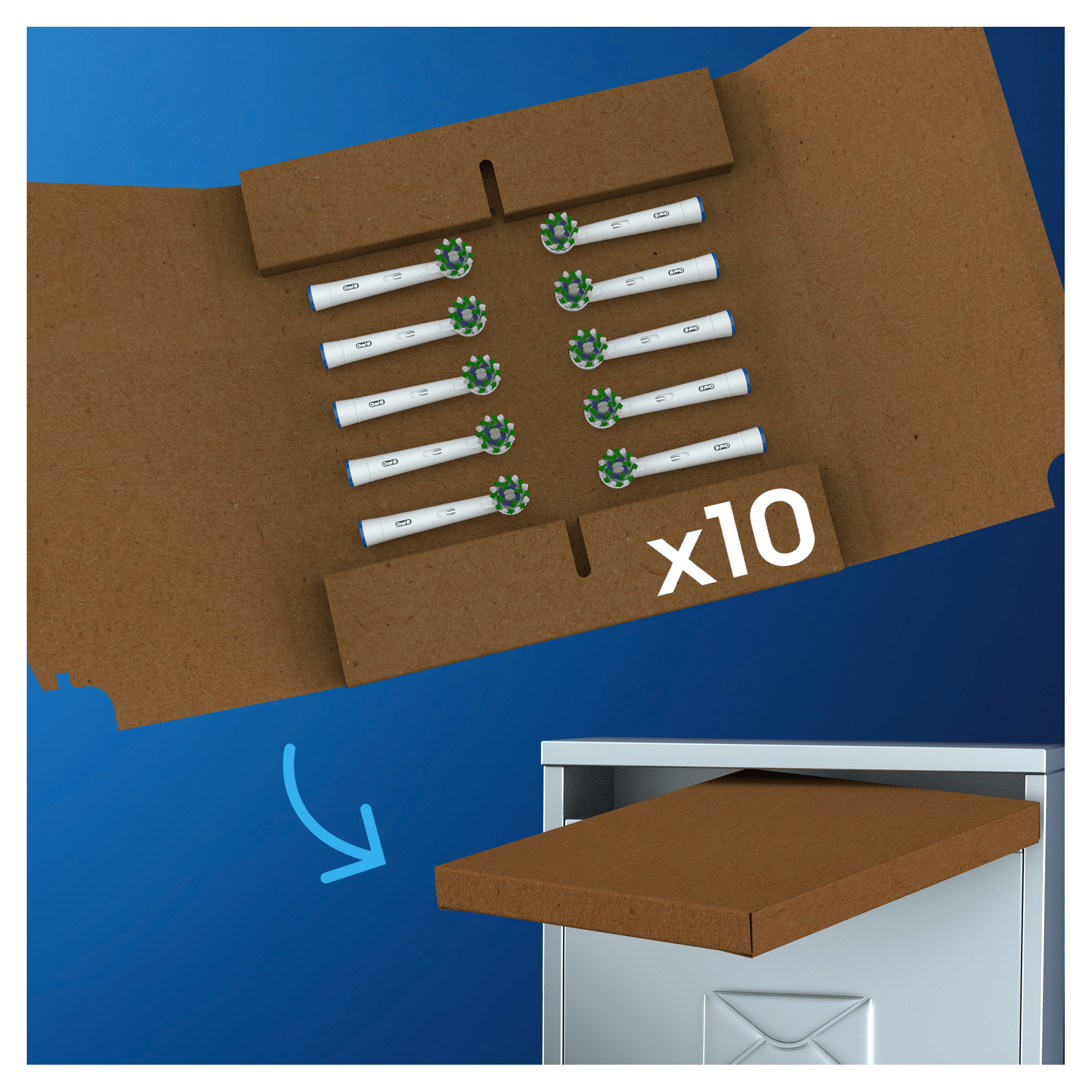 Otwarty karton z wkładami do szczoteczek Oral-B. Główki są w pudełku. Kolory niebieski i brązowy.