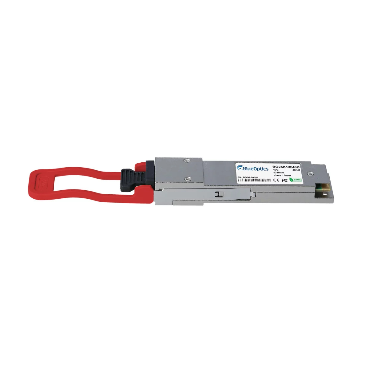 Szaro-srebrny transceiver BlueOptics z czerwonym uchwytem.