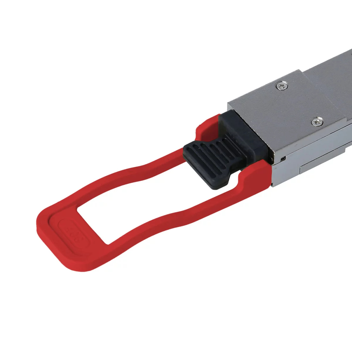 Zbliżenie na czerwony uchwyt szaro-srebrnego transceiviera.