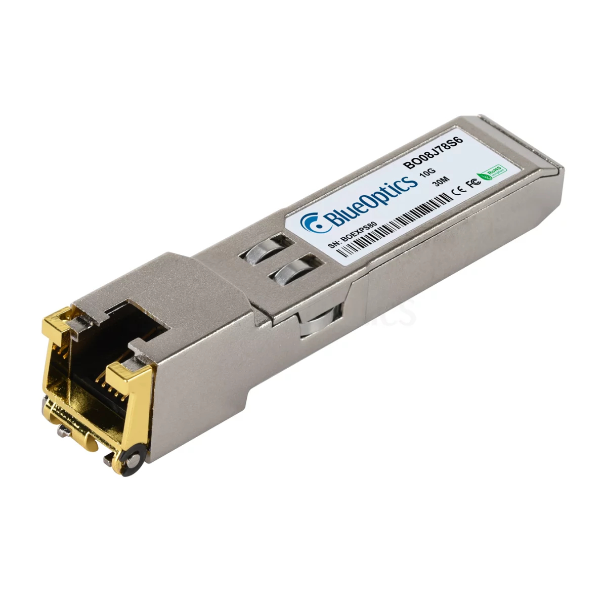 Connettore di rete argento e oro con etichetta blu che dice BlueOptics e BO08J78S6.