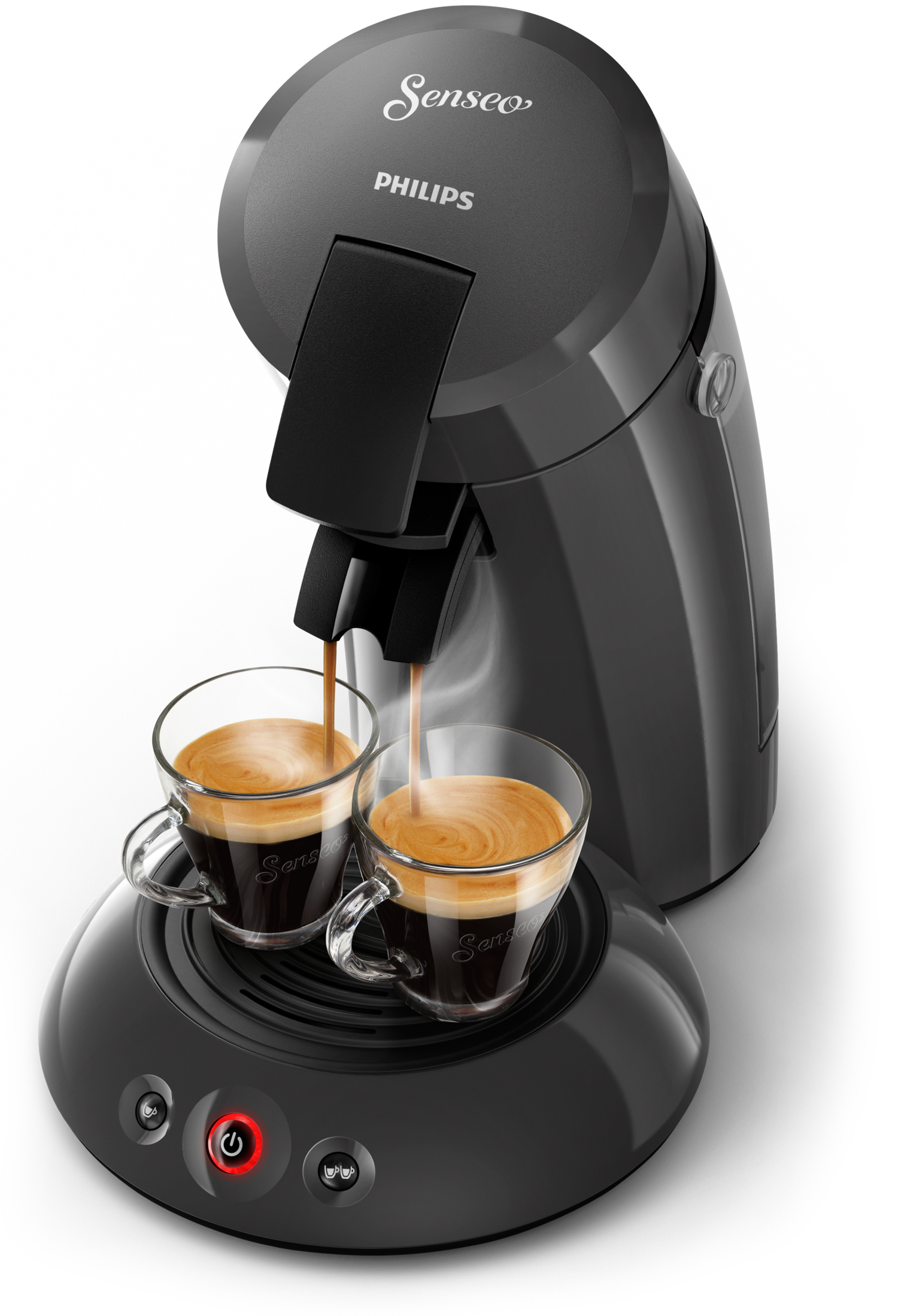 Macchina da caffè Senseo nera che prepara il caffè in due bicchieri. Sfondo bianco.