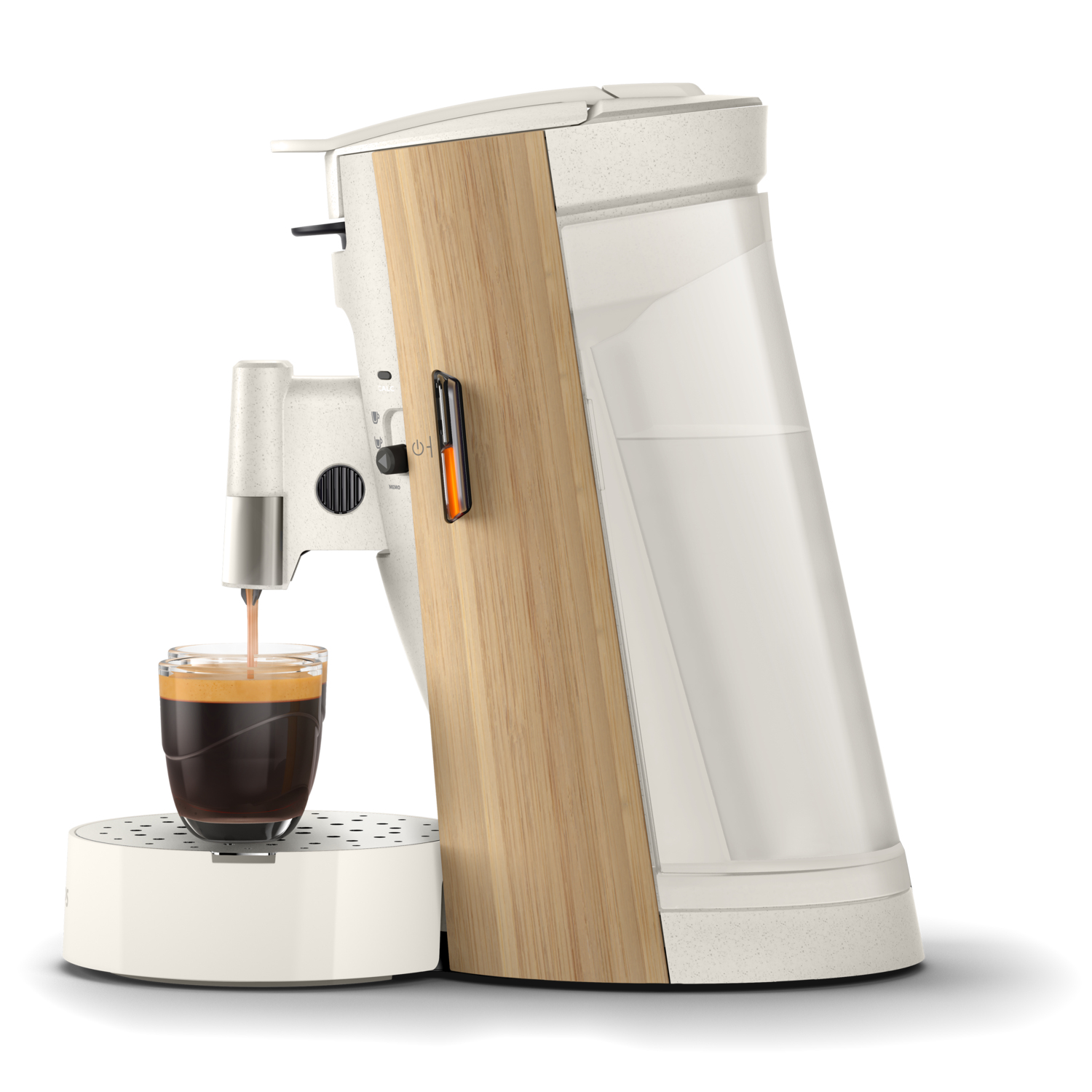 Macchina da caffè Philips Senseo, design bianco e legno, che versa caffè in un bicchiere.