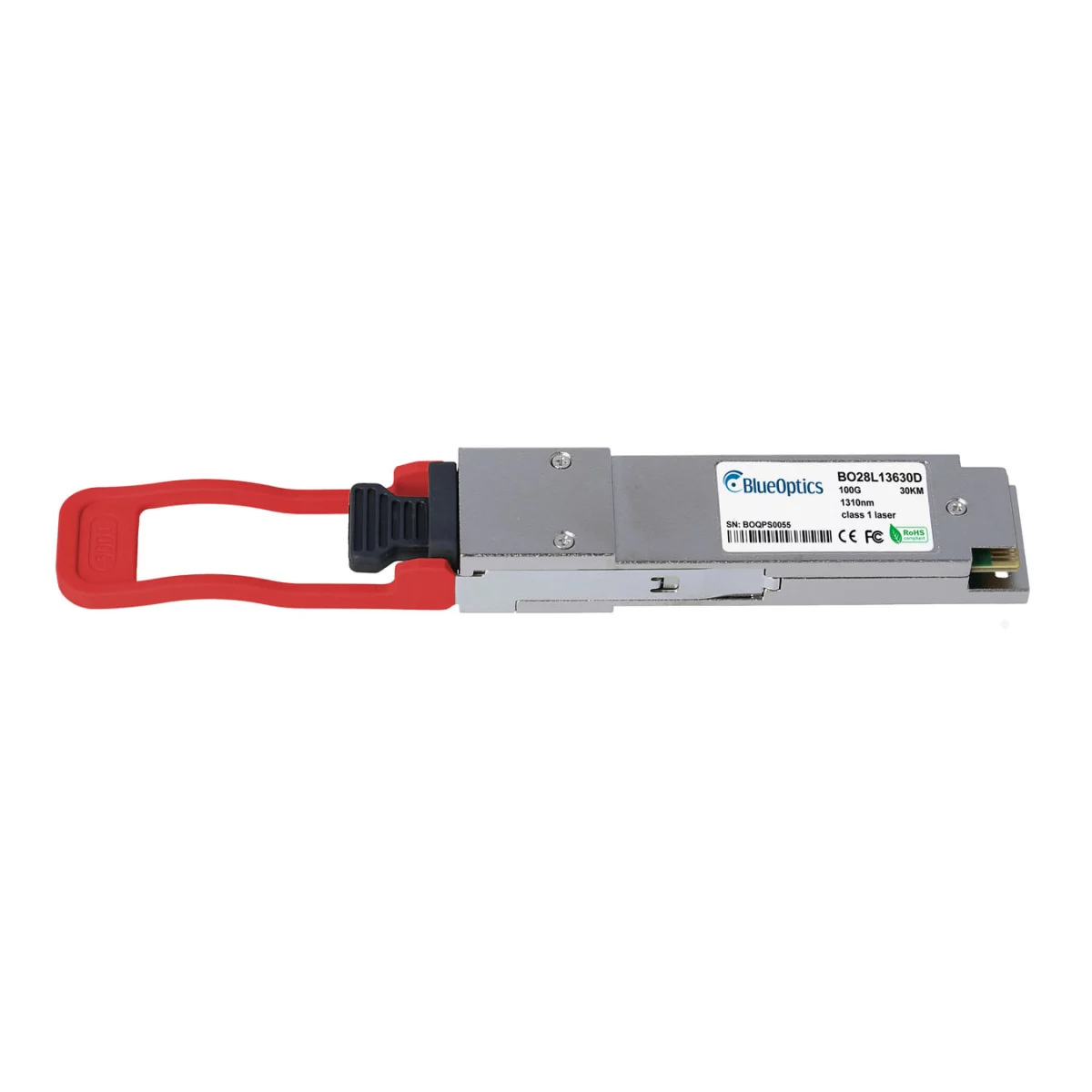 Srebrny transceiver SFP z etykietą BlueOptics i czerwonym uchwytem z boku.