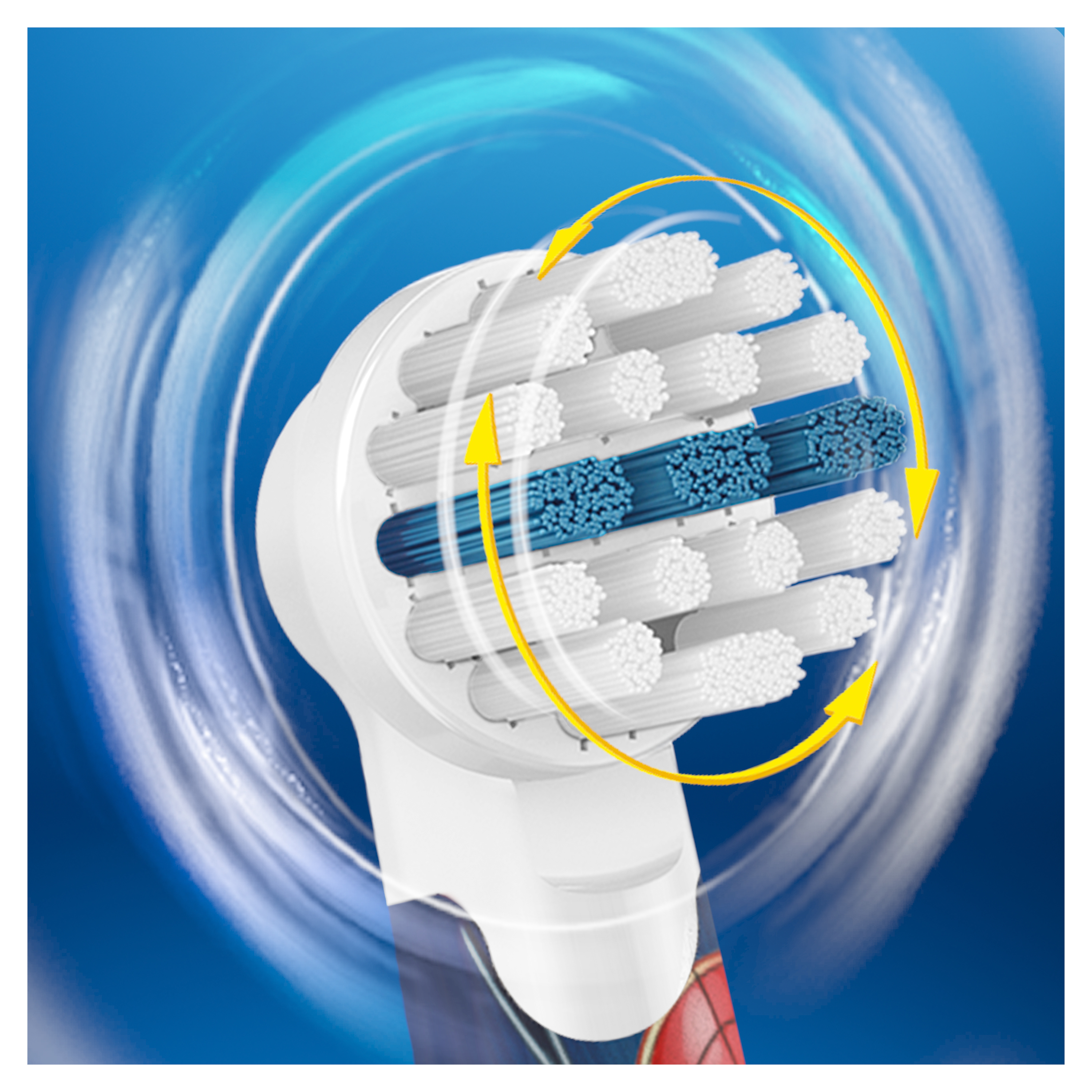 Zbliżenie na białą i niebieską główkę szczoteczki do zębów z obracającymi się żółtymi strzałkami.