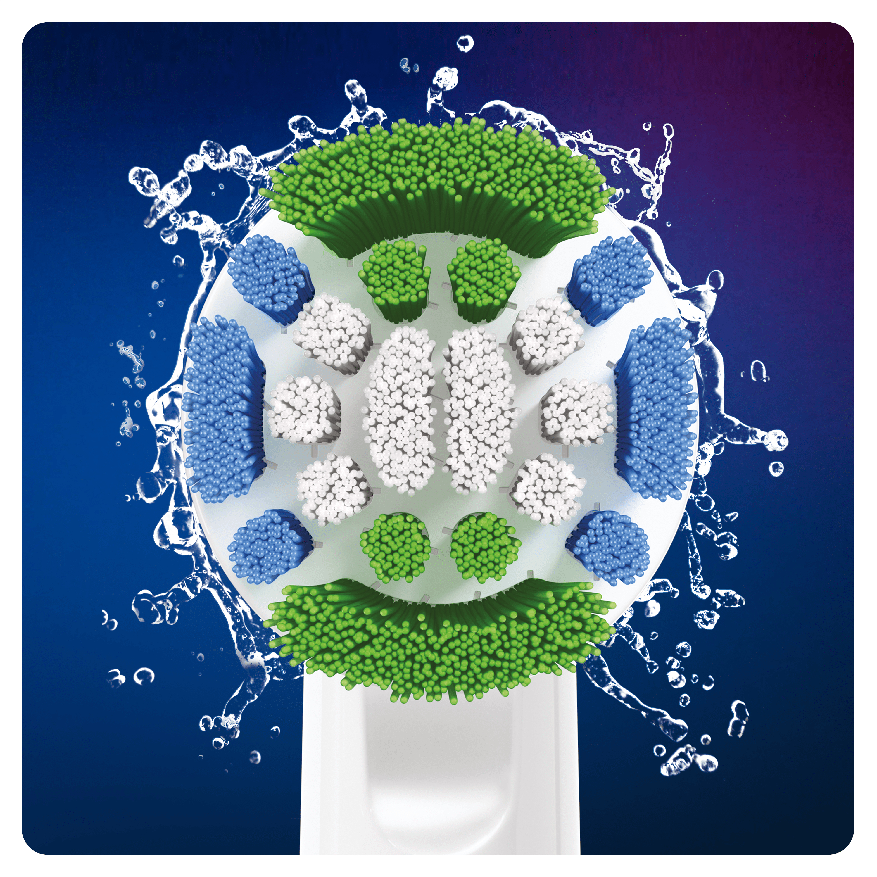Primer plano de un cabezal de cepillo de dientes Oral-B. Cerdas verdes, azules y blancas. Salpicaduras de agua detrás.