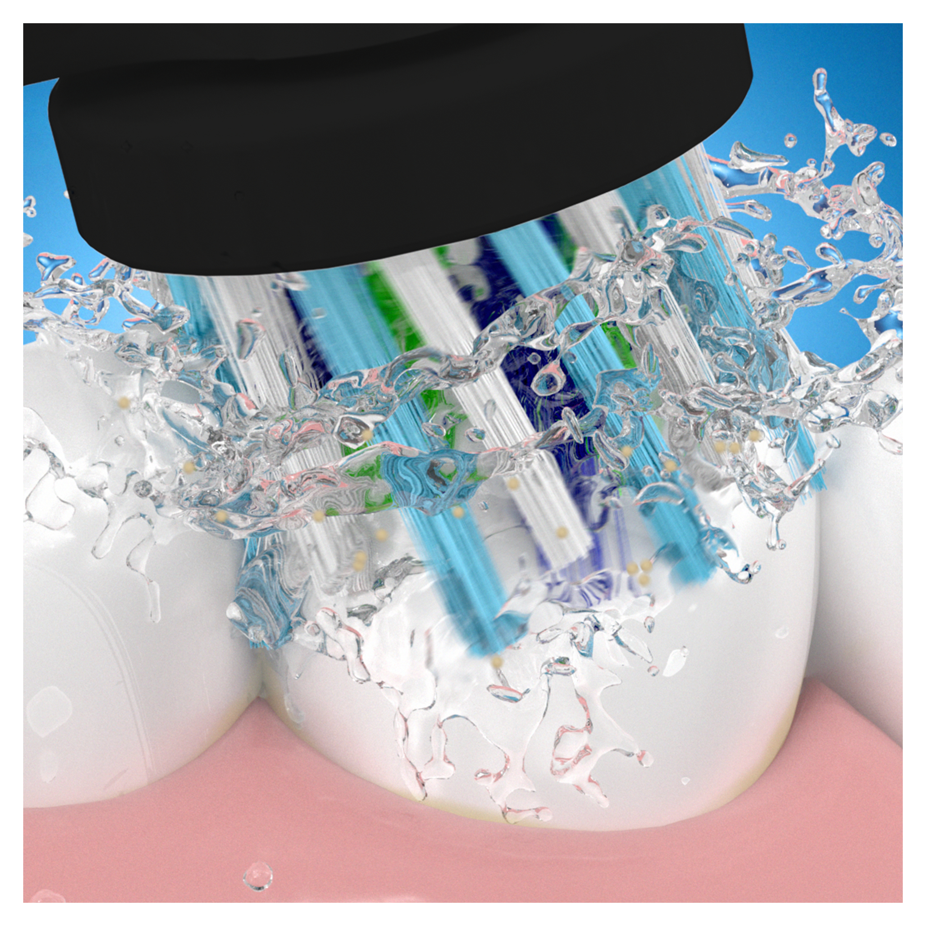 Szczoteczka do zębów czyści ząb. Woda rozpryskuje się wokół. Niebieskie tło.