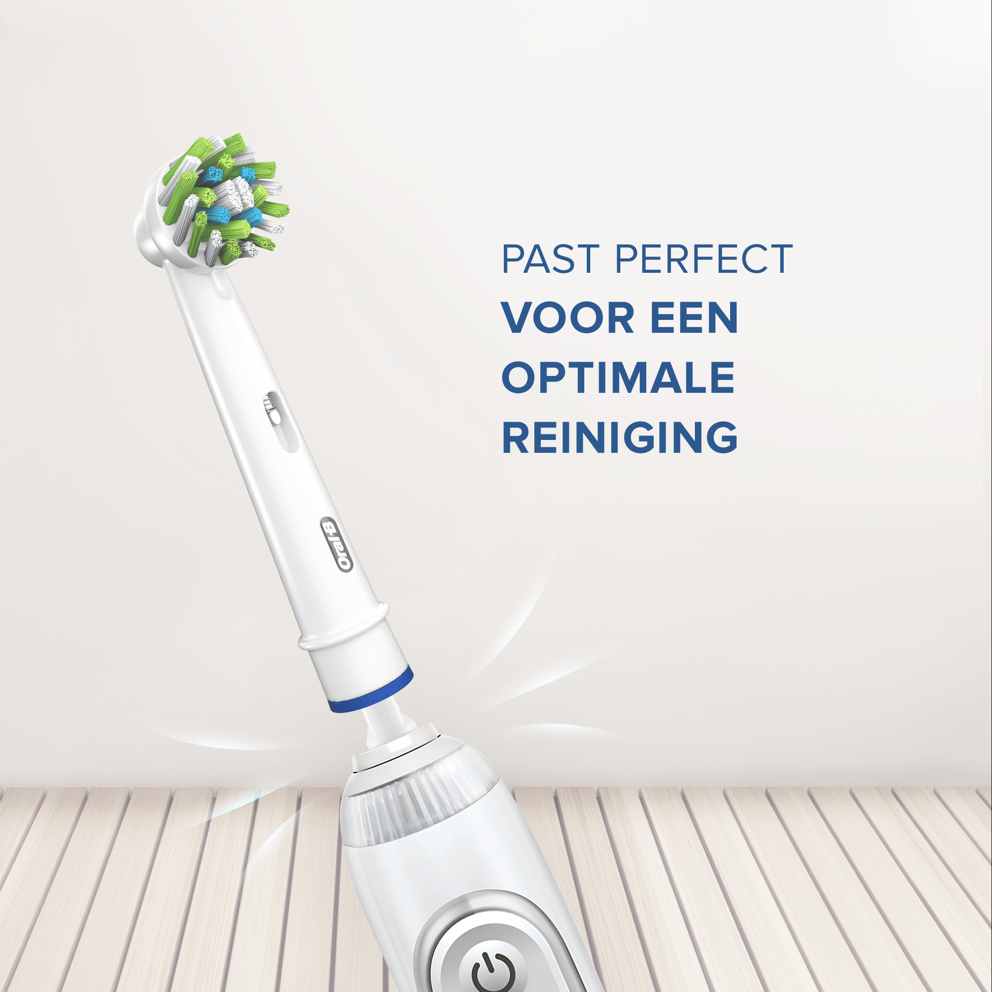 Oral-B Zahnbürstenkopf auf einem Zahnbürstengriff, mit weißem Hintergrund.