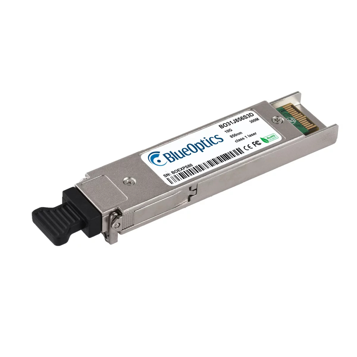 Transceiver SFP+ BlueOptics, srebrny z czarnym uchwytem, ​​oznakowany tekstem. Białe tło.
