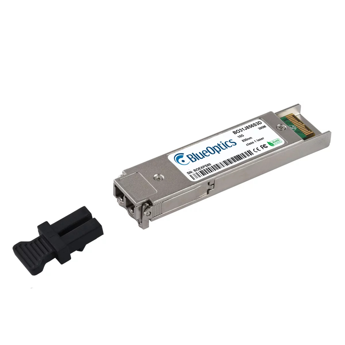 Moduł SFP BlueOptics z czarnym złączem na białej powierzchni.